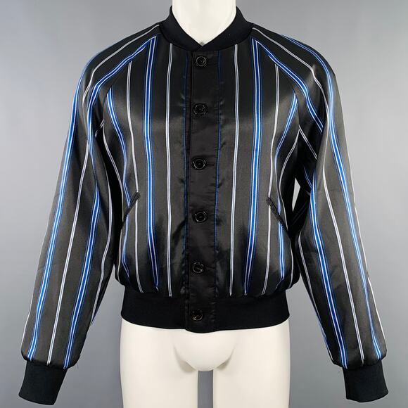 3.1 PHILLIP LIM Size M Black Blue Stripe Satin Bomber Jacket - Picture 1 of 5